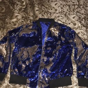 Royal blue silver sequin bomber jacket